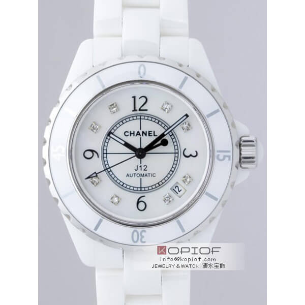 シャネルJ12  スーパーコピーシャネル CHANEL J12 H0970 38mm ホワイトセラミックブレス 8Pダイヤホワイトシェルアフター ホワイトシェル