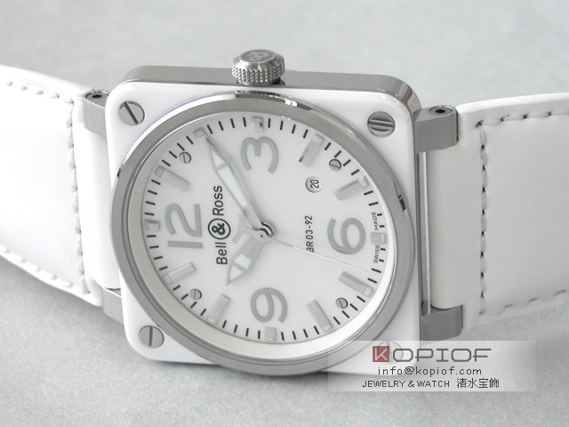 ベル＆ロス スーパーコピーBR03-92 WHITE CERAMIC 42mm カーフベルト ホワイトシェル/シルバーアラビア