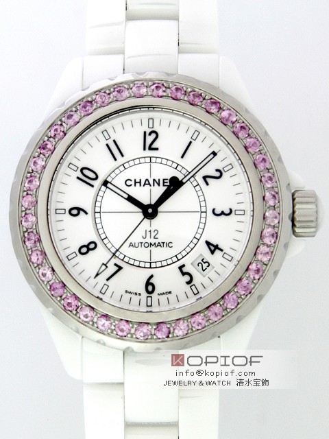 シャネルJ12  スーパーコピーシャネル CHANEL J12 H0970 38mm ホワイトセラミックブレス ベゼルピンクサファイヤ（合成）アフター ホワイト