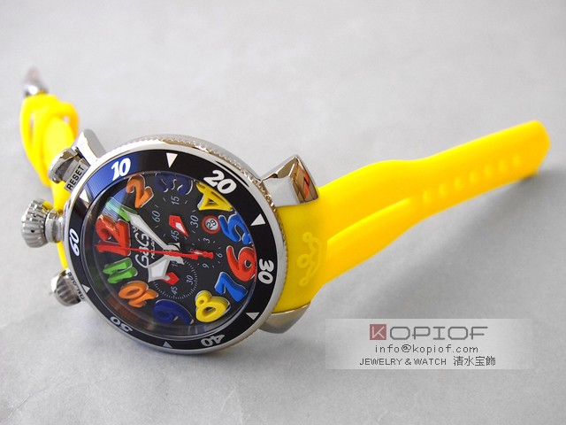 ガガミラノ クロノ48MM スーパーコピークォーツ 6050.2 イエローラバー ブラック/マルチカラーアラビア