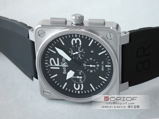 ベル＆ロス スーパーコピーBell＆Ross BR01-94 BLACK DIAL クロノグラフ ラバーベルト ブラック/ホワイトアラビア