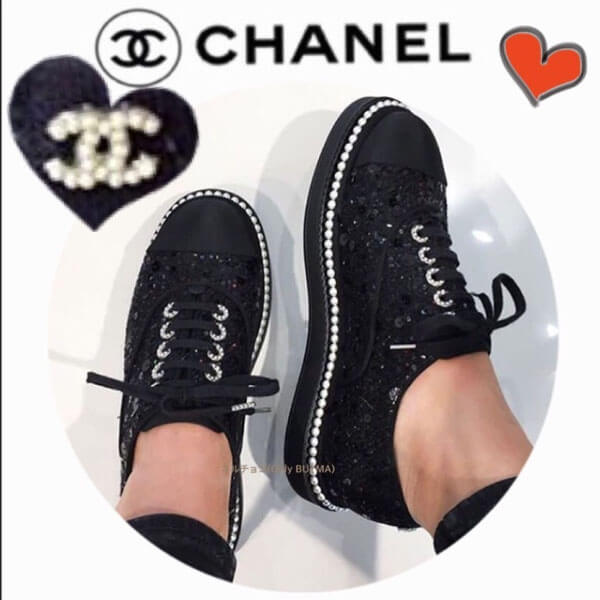 CHANEL スニーカー新作限定♪めちゃ可愛 パール付レースアップ シャネル靴コピー