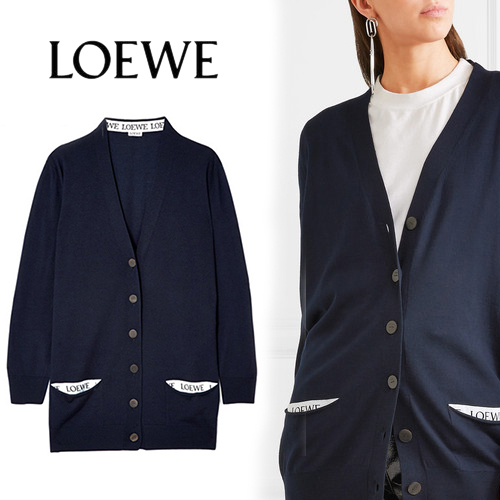 LOEWE ジャカードトリムウールブレンド カーディガン ネイビー ロエベ服コピー