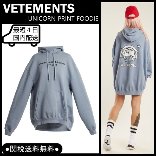 ヴェトモン パーカー コピー 春夏新作 VETEMENTS UNICORN ユニコーンロゴフーディー ブルーグレー