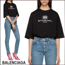 バレンシアガ t シャツ コピー BALENCIAGA オーバーサイズ 黒 'BB Mode'のプリント＆ロゴ リブジャージーネックライン