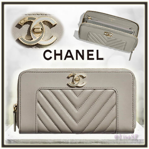 シャネルコピー CHANEL CC シープ×金金具 ジップロングウォレット/灰色