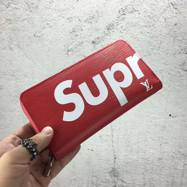 Supreme VUITTON ルイヴィトン シュプリーム 偽物 コラボ 長財布 赤 ノベルティ レッド ラウンドジップ ボックス付