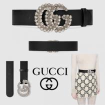 【GUCCI】グッチ ベルト コピー クリスタル付きダブルGバックル*ブラックレザー582100...