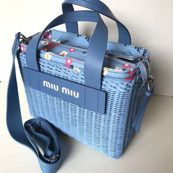 素敵♪♪☆《MiuMiu》2WAY ミュウミュウ かごバッグ コピー ライトブルー×花柄