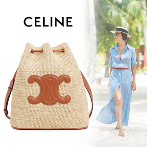 CELINE セリーヌ かごバッグ コピー ラフィア＆カーフ クラシック バスケット バケット Tan