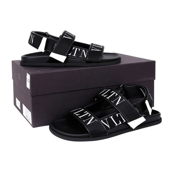 ★VALENTINO★BLACK VLTN STRAP SANDAL★ヴァレンティノ  ガラヴァーニ カーフスキンサンダル コピー カーフスキン x VLTNジャカードリボン サンダル