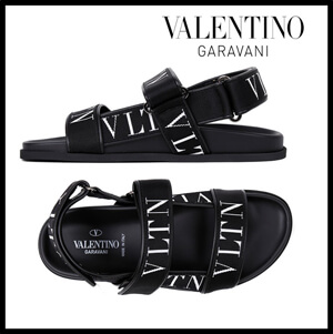 ★VALENTINO★BLACK VLTN STRAP SANDAL★ヴァレンティノ  ガラヴァーニ カーフスキンサンダル コピー カーフスキン x VLTNジャカードリボン サンダル