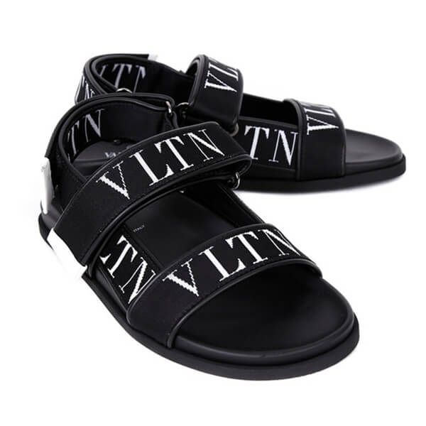 ★VALENTINO★BLACK VLTN STRAP SANDAL★ヴァレンティノ  ガラヴァーニ カーフスキンサンダル コピー カーフスキン x VLTNジャカードリボン サンダル