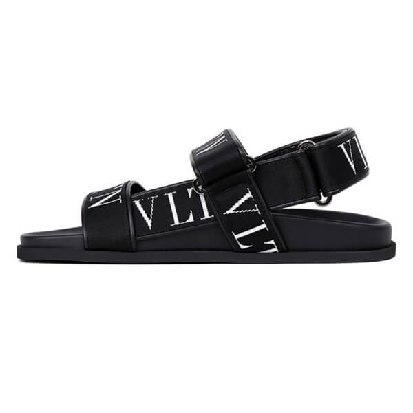 ★VALENTINO★BLACK VLTN STRAP SANDAL★ヴァレンティノ  ガラヴァーニ カーフスキンサンダル コピー カーフスキン x VLTNジャカードリボン サンダル