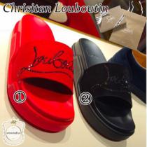 すぐ届く■christianlouboutin/ルブタン■偽物Navy Pool Strass ロゴ入りサンダル■赤/黒