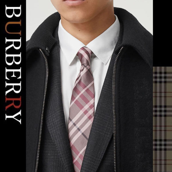 【BURBERRY】ピンク シルク チェックパターン ネクタイ コピー 素材 シルク100％ カラー ピンクBurberryコピー