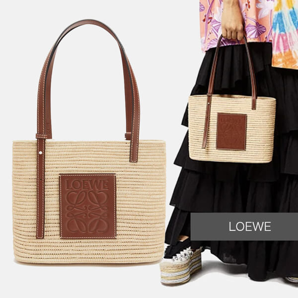 ロエベ かごバッグ 偽物 LOEWE Paula's Ibiza レザー バスケット ラフィア トートPaula's Ibiza限定コラボアイテム♪A223099X02