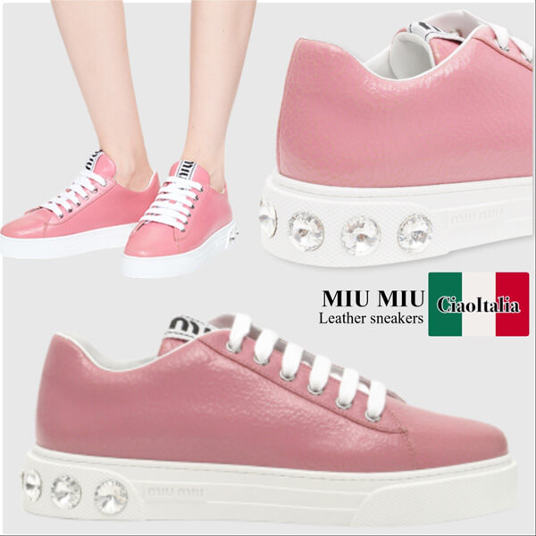 miumiu スニーカー コピー Leather sneakerクリスタル装飾ラバーソール