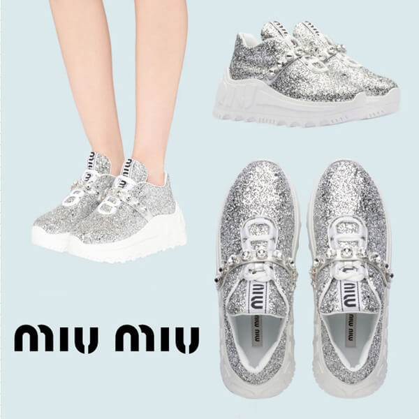 miumiu スニーカー コピー グリッター ファブリック厚底スニーカー 5E761C 3KBG F0118