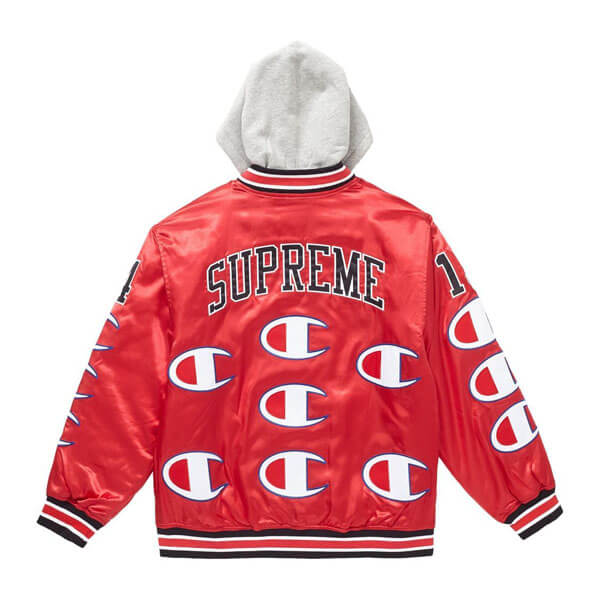 supreme champion 偽物 シュプリーム ボックス ロゴ パーカー Hooded Satin Varsity Jacket Red